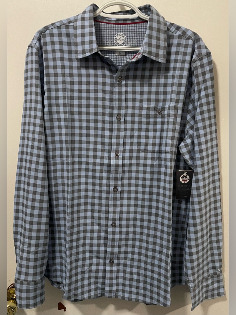 Flag & Anthem Men’s Long Sleeve Button Up Plaid Shirt Light Blue Charcoal Medium